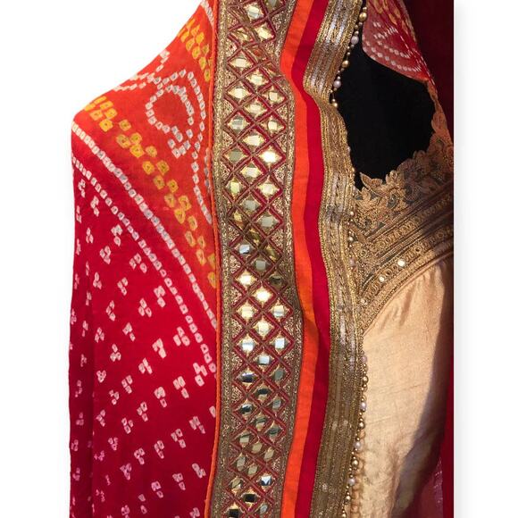 Anarkali Suit With Bandhani Dupatta Royal Neckline Gold Embellishment - Picture 4 of 9